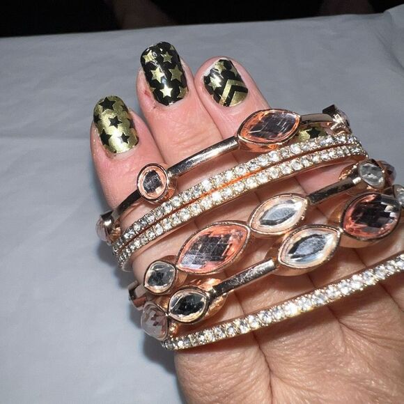 Set of Six Rose Gold Tone Rhinestone Stack Bangle Bracelets **SEE PIC AND DESCRI - Picture 2 of 10